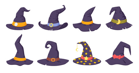 Wall Mural - Wizard spooky hats. Halloween witch hats, Halloween party costume elements flat vector illustrations set. Cartoon witchcraft hats collection