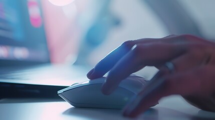 Poster - Digital marketer optimizing ad campaign, close-up on mouse and screen, intense focus light 