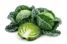 Savoy Cabbage Fresh Green Head And One Half Isolated On White Background