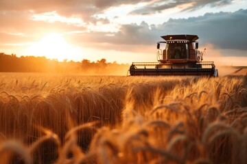 Seasonal wheat harvest by combine, concept of agricultural business, eco products
