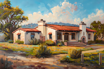 Wall Mural - Mission Style House (Oil Painting) - Originated in California in the late 18th century, characterized by a simple, rectangular design with stucco walls, red-tile roofs, and arched windows and doorways