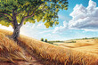 Vibrant tree with colorful leaves over golden wheat field. Panoramic digital illustration of autumn countryside. Nostalgic and peaceful rural life concept. Design for poster, wallpaper, greeting card