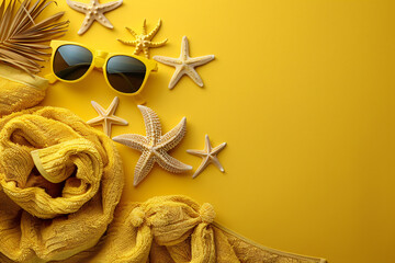 Yellow sunglasses and towels on vibrant yellow background. Summer beach accessories flat lay. Summer vacation and beach leisure concept. Design for poster, wallpaper, banner