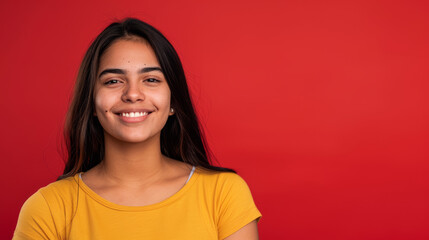 Wall Mural - A woman in a yellow shirt is smiling at the camera