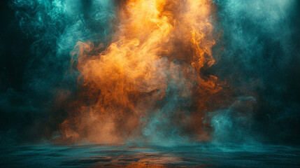 A mist of golden smoke abstract background on a stage under a teal spotlight, providing a striking contrast against a dark grey background.