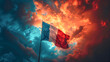 Flag of France over sky with clouds, blue, white and red