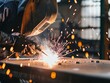 Action shot of a skilled welder welding metal in a fabrication shop, capturing the intensity and skill of the trade, close-up