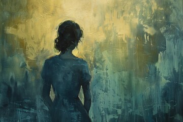 Wall Mural - A woman is standing in front of a wall with a blue background