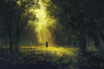 Wall Mural - A person is walking through a field of yellow flowers