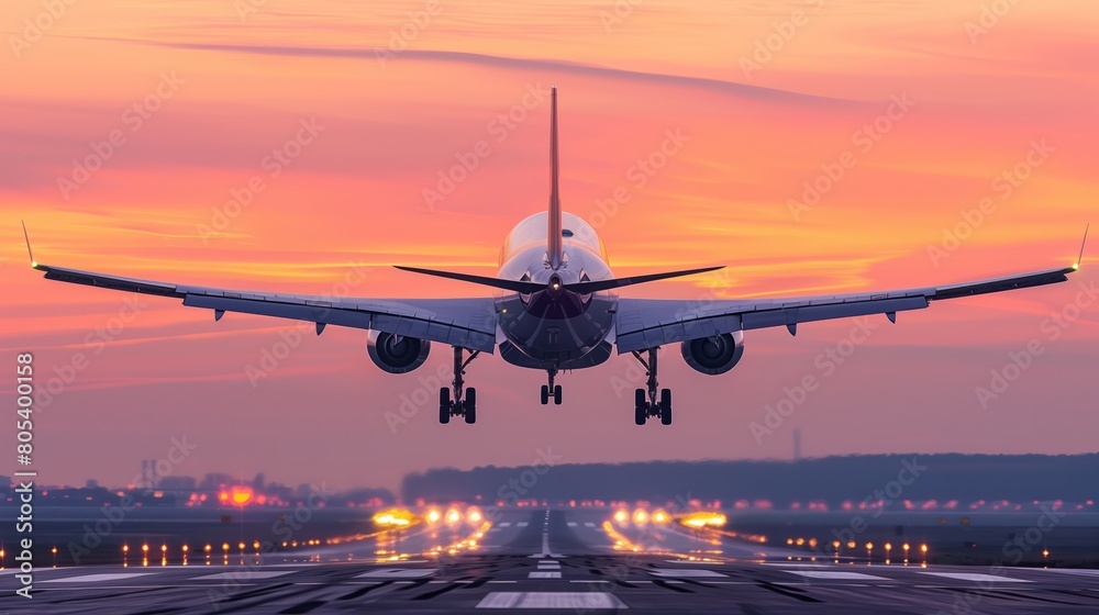 Airplane taking off from the airport, front view. A large passenger ...