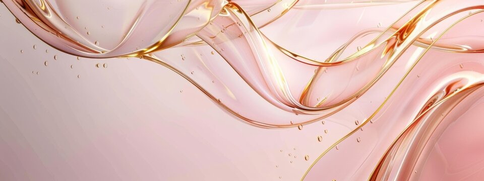 The background is light pink and gold, with an abstract shape of flowing lines on the right side. The glass texture has golden edges, and there more blank space for text in front of it.