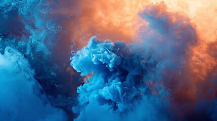 Electric blue smoke forms soft clouds above a rich brown background.