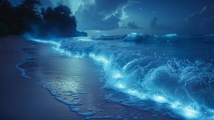 Wall Mural - Glowing waves on a tropical night beach, bioluminescent marine plankton