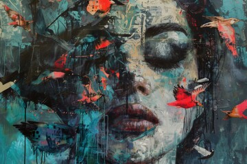 Wall Mural - A woman's face is painted with birds on it