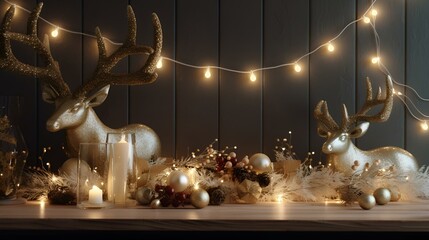 Wall Mural - Christmas table with festive decorations, including deer figurines and candles,