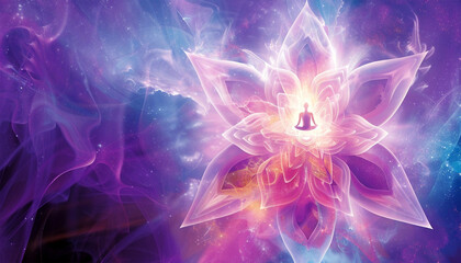 chakra energy beautiful woman sits in a pose of a half lotus on high place of universe with stars ou