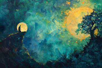 Wall Mural - A painting of a man sitting on a rock with a full moon in the background