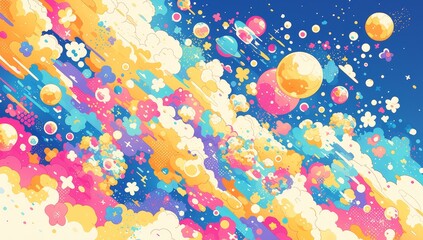 Wall Mural - Abstract vector illustration of colorful clouds and bubbles in the sky, creating an atmosphere reminiscent of psychedelic art.