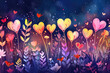 Romantic background with hearts, in flat vector design style