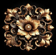 Gold flowers isolated on black, abstract floral background with metal golden flowers ornaments.