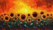 Sunflowers background, many sunflowers in oil painting style illustration.
