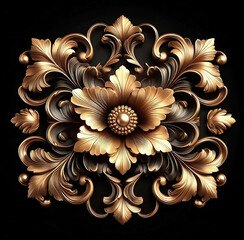 Wall Mural - Gold flowers isolated on black, abstract floral background with metal golden flowers ornaments.