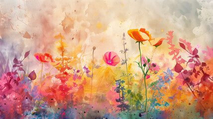 Wall Mural - Grunge style beautiful, colorful, abstract art. Paper texture. Colorful painting. Watercolor background with flowers and plants.