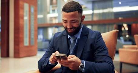 Poster - Business man, text and phone in office with social media, message and web app for meme. Scroll, internet and professional at an attorney agency with smile and happy from mobile tech and chat