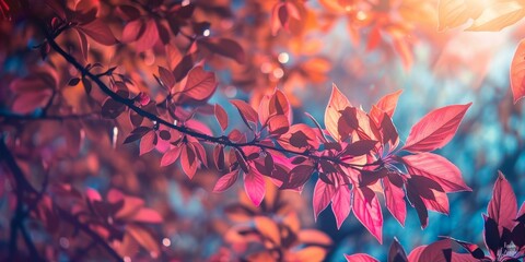 red leaves on tree branch in sunlight