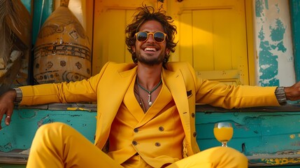 A cheerful and lively young man dressed in a trendy yellow suit and stylish sunglasses, expressing his happiness through energetic dance moves, isolated on a vibrant yellow background.