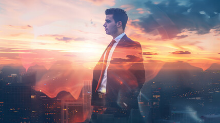 Poster - A man in a suit stands in front of a city skyline. The image is a silhouette of the man and the city, with the man's reflection in the water. The scene is one of sophistication and elegance