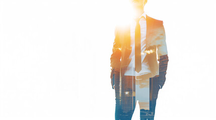 Poster - A man in a suit stands in front of a city skyline. The image is a silhouette of the man and the city, with the man's reflection in the water. The scene is one of sophistication and elegance