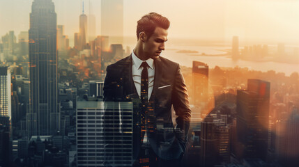 Poster - A man in a suit stands in front of a city skyline. The image is a silhouette of the man and the city, with the man's reflection in the water. The scene is one of sophistication and elegance