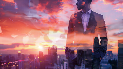 Poster - A man in a suit stands in front of a city skyline. The image is a silhouette of the man and the city, with the man's reflection in the water. The scene is one of sophistication and elegance