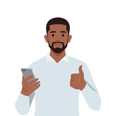 Young man Positive business man showing new brand, latest smartphone. Flat vector illustration isolated on white background