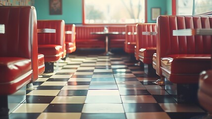 Wall Mural - Vintage diner interior with checkered floors and red vinyl booths, embodying classic American design.