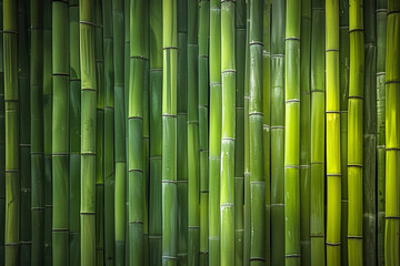  An abstract view of a bamboo grove, the vertical lines of the bamboo stalks creating a natural rhythm and pattern, with shades of green ranging from light to dark in a mesmerizing display. 