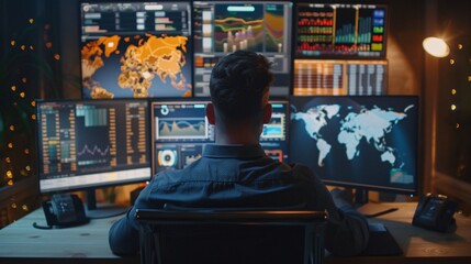 Wall Mural - Man at desk with several computer screens displaying financial data