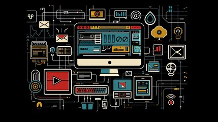 graphic depicting web development and marketing symbols