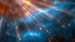 An abstract cosmic display where blue and orange light rays stretch across space, forming a radiant nebula. 