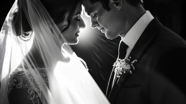 A poignant black and white photo capturing an intimate moment between a bride and groom on their wedding day