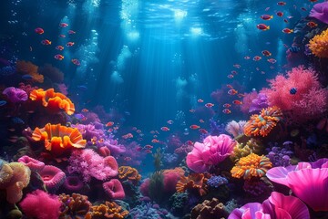 A beautiful, vibrant underwater ocean garden with sea life and coral. 