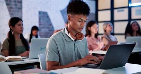 Poster - African man, laptop and typing for education in group, exam or assessment at school, university or college. Student, tech and diversity with people in classroom for online, learning and development