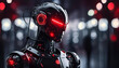 Futuristic man robot with splendid armor with red details. High definition. Technology Futuristic. Epic image. Helmet. 