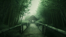 A Wooden Bridge Leads To A Hidden House Within A Thick Bamboo Grove. The Overcast Sky Filters Light Through The Dense Canopy, Casting The Entire Scene In A Hue Of Green Mystery 
