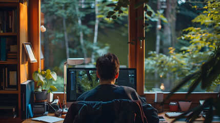 Poster - Rear view of young man sitting in front of a computer monitor and working at home