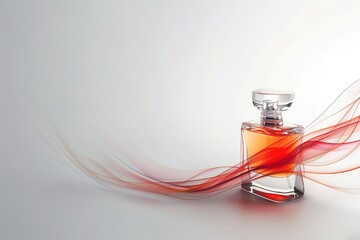 Perfume bottle with vibrant orange essence waves on white backgr