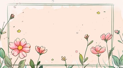 Wall Mural - springtime flower blossom minimal doodle page print border design, with blank empty space for mock up message background
