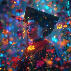 A young woman in a graduation cap and gown stands in a field of flowers