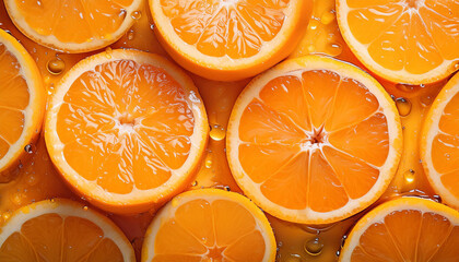 Flat lay of orange citrus fruit texture with slice, Top view of fruits concept background
